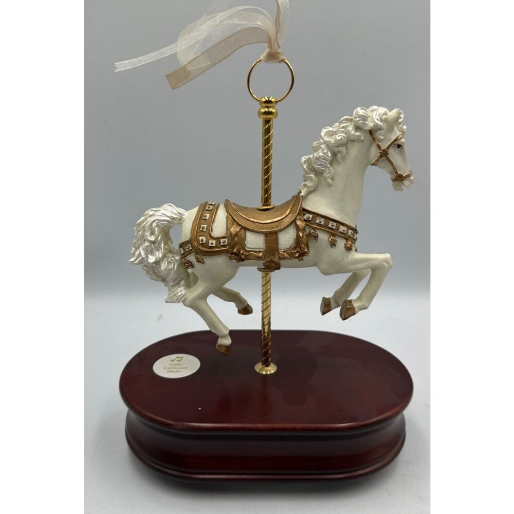 Carlton Cards Carousel Horse Music Box Gold Accents White & Brown Waltz Tune